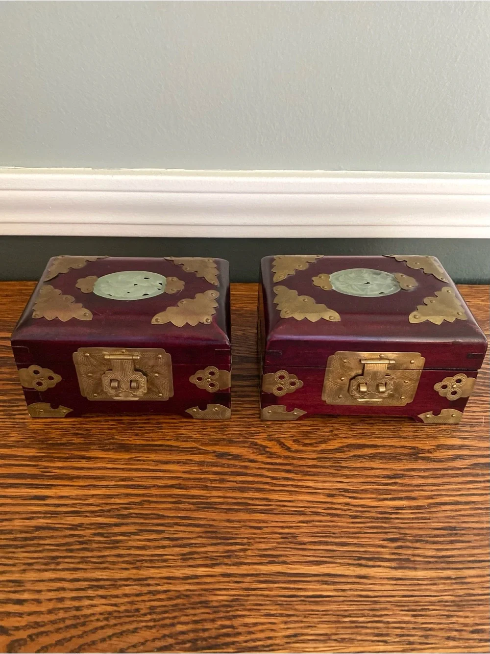Vintage Mid Century Chinese Wood and Brass Jewelry Box Set of 2